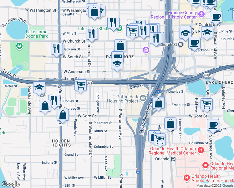 map of restaurants, bars, coffee shops, grocery stores, and more near 720 Carter Street in Orlando