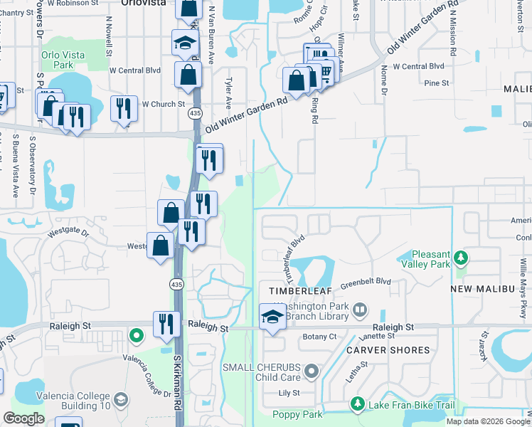 map of restaurants, bars, coffee shops, grocery stores, and more near 600 Oakford Way in Orlando