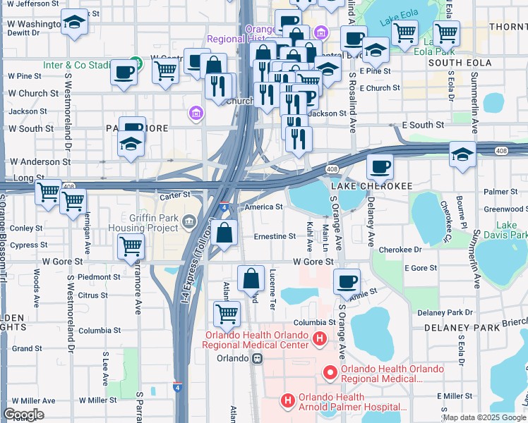 map of restaurants, bars, coffee shops, grocery stores, and more near 136 America Street in Orlando