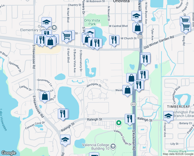 map of restaurants, bars, coffee shops, grocery stores, and more near 6029 Westgate Drive in Orlando