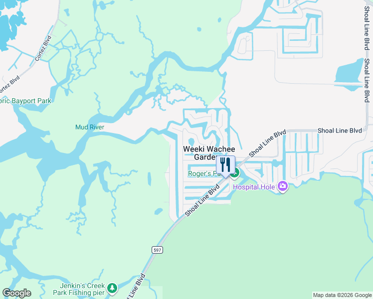 map of restaurants, bars, coffee shops, grocery stores, and more near 7253 Westwind Street in Spring Hill