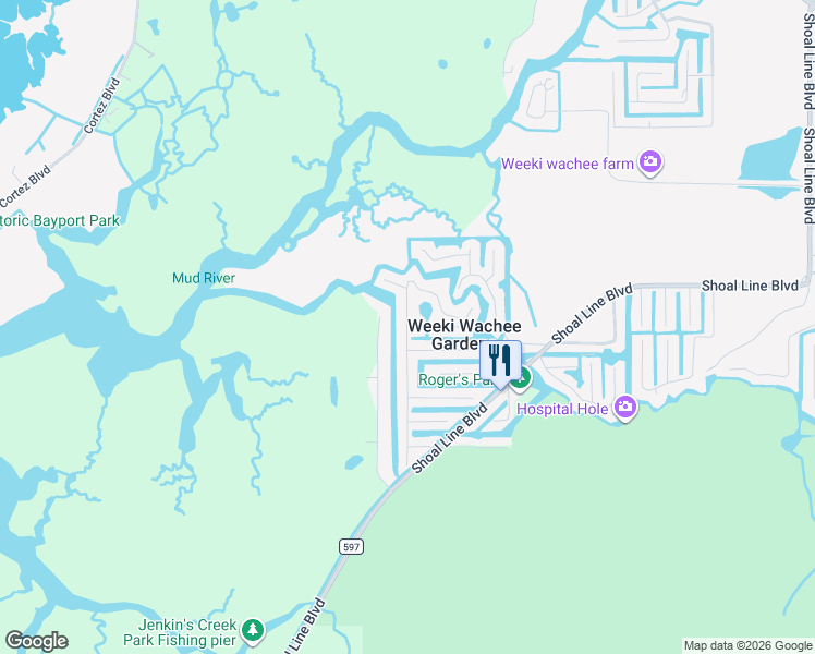 map of restaurants, bars, coffee shops, grocery stores, and more near Teal Drive in Weeki Wachee Gardens