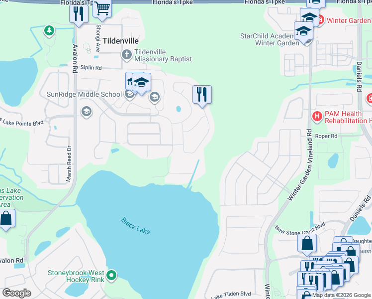 map of restaurants, bars, coffee shops, grocery stores, and more near 13792 Jomatt Loop in Winter Garden
