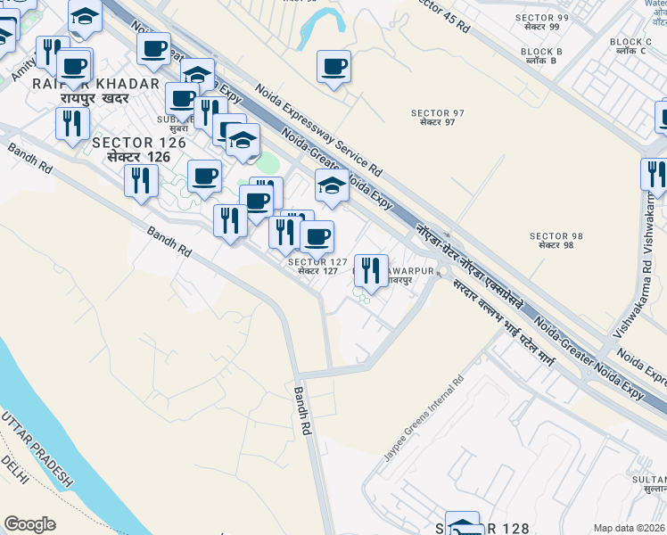 map of restaurants, bars, coffee shops, grocery stores, and more near Unnamed Road in Noida