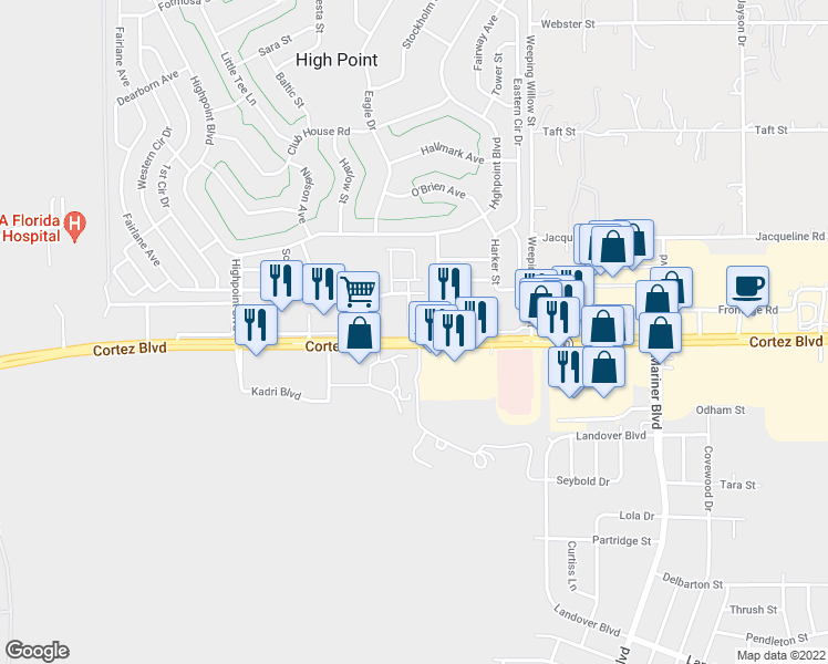 map of restaurants, bars, coffee shops, grocery stores, and more near 12251 Cortez Boulevard in Brooksville
