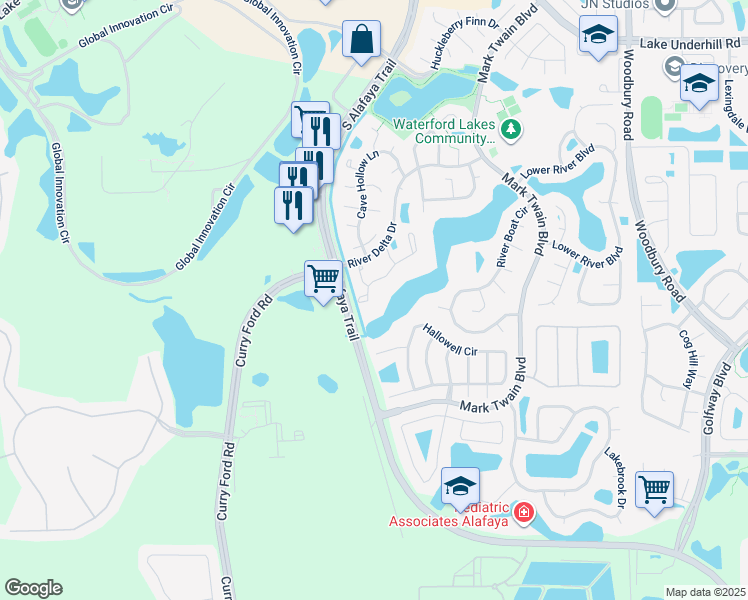 map of restaurants, bars, coffee shops, grocery stores, and more near 12202 Shady Spring Way in Orlando