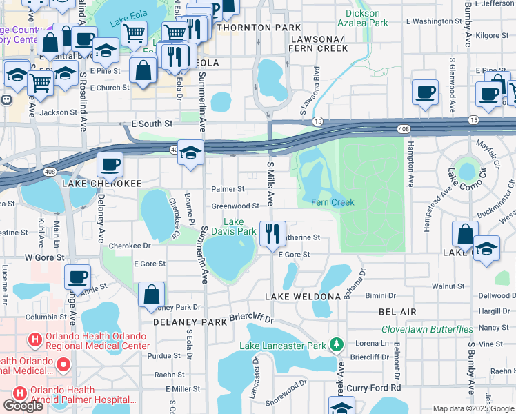 map of restaurants, bars, coffee shops, grocery stores, and more near 1112 Palmer Street in Orlando