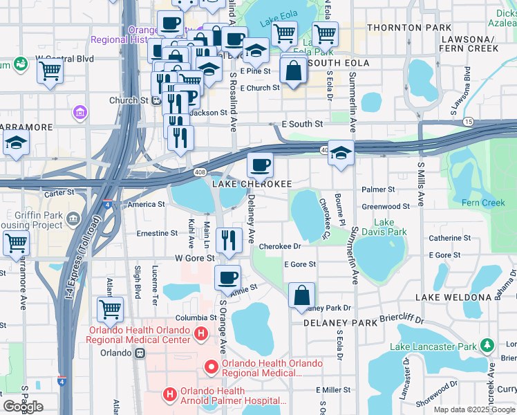 map of restaurants, bars, coffee shops, grocery stores, and more near 600 Delaney Avenue in Orlando