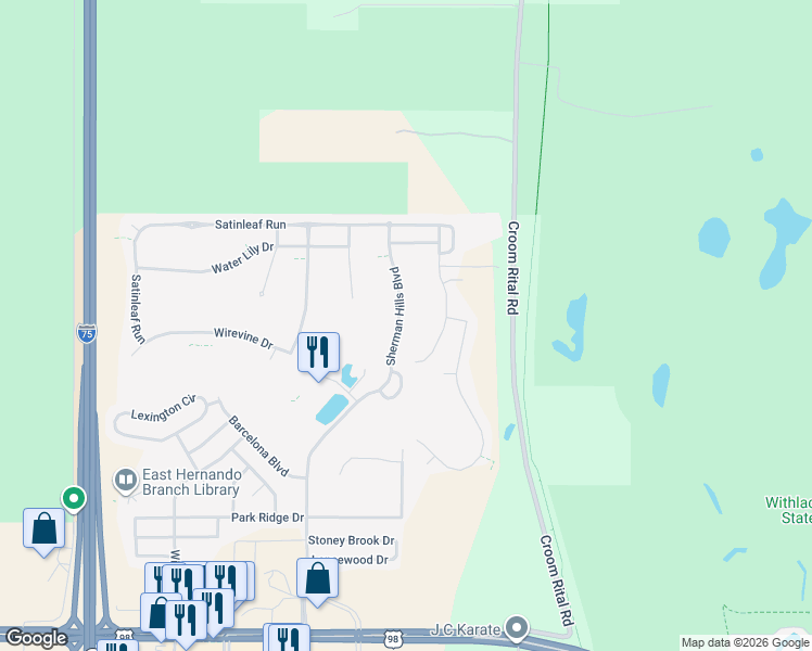 map of restaurants, bars, coffee shops, grocery stores, and more near 7220 Sherman Hills Boulevard in Brooksville