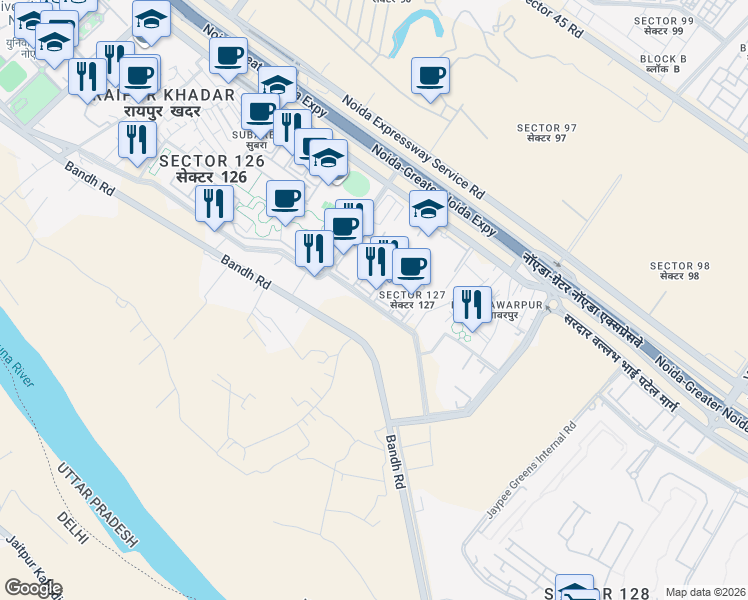 map of restaurants, bars, coffee shops, grocery stores, and more near in Noida