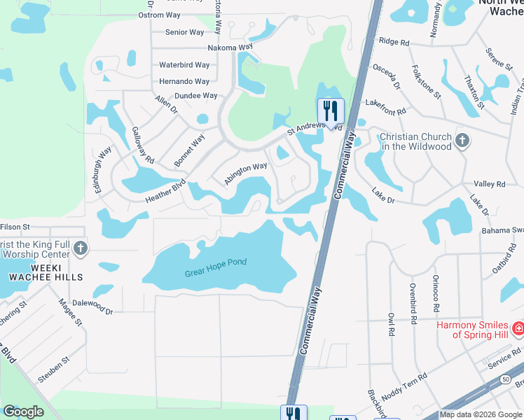 map of restaurants, bars, coffee shops, grocery stores, and more near 9139 Lingrove Road in Spring Hill
