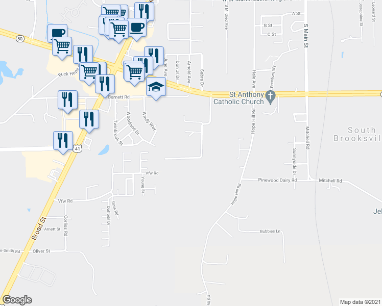 map of restaurants, bars, coffee shops, grocery stores, and more near 7417 Ray Browning Road in Brooksville