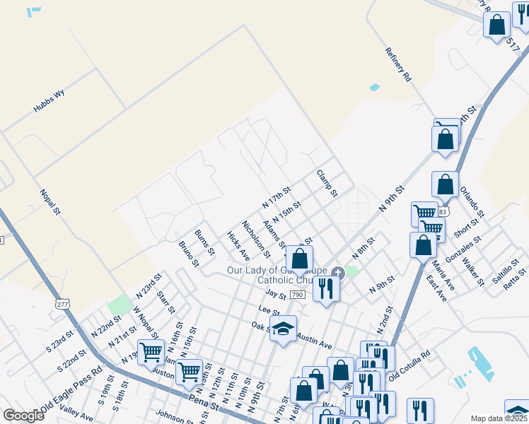 map of restaurants, bars, coffee shops, grocery stores, and more near 1305 North 17th Street in Carrizo Springs