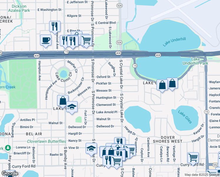map of restaurants, bars, coffee shops, grocery stores, and more near 3012 Pickfair Street in Orlando