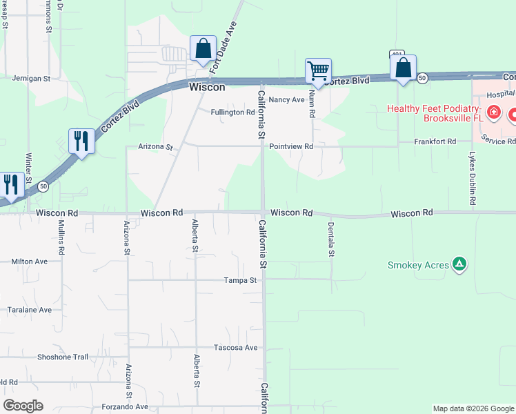 map of restaurants, bars, coffee shops, grocery stores, and more near 7229 California Street in Brooksville