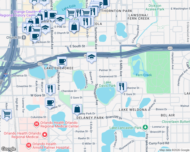 map of restaurants, bars, coffee shops, grocery stores, and more near 610 Palmer Street in Orlando