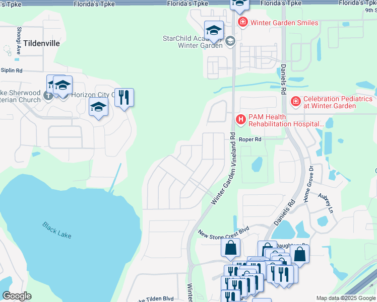 map of restaurants, bars, coffee shops, grocery stores, and more near 516 Seaside Cove Street in Winter Garden