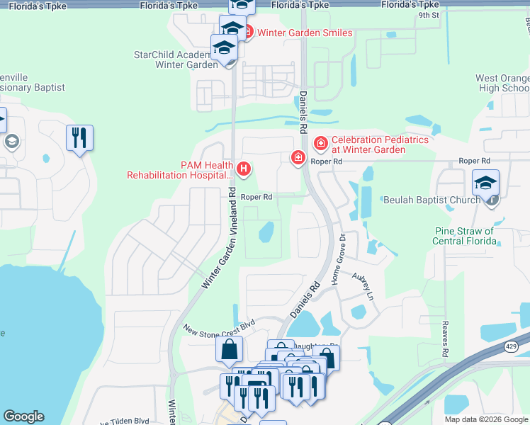 map of restaurants, bars, coffee shops, grocery stores, and more near 545-799 Roper Rd in Winter Garden
