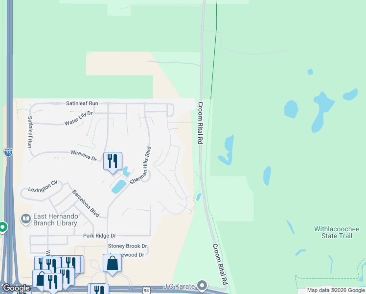 map of restaurants, bars, coffee shops, grocery stores, and more near 31405 Silkbay Drive in Brooksville