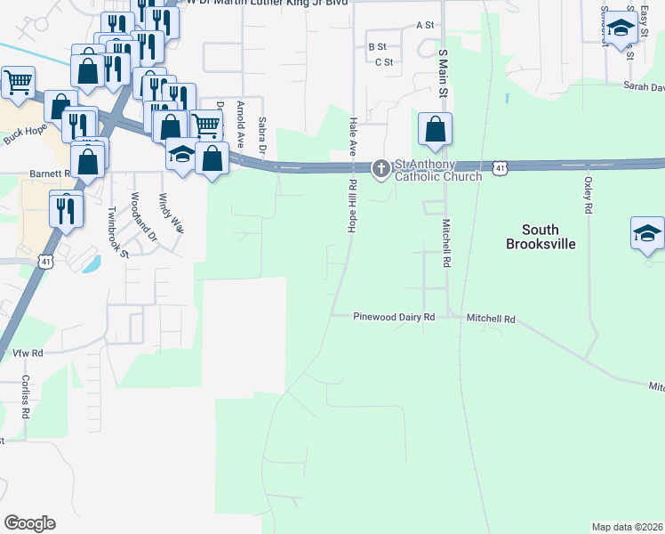 map of restaurants, bars, coffee shops, grocery stores, and more near 7205 Ursula Avenue in Brooksville