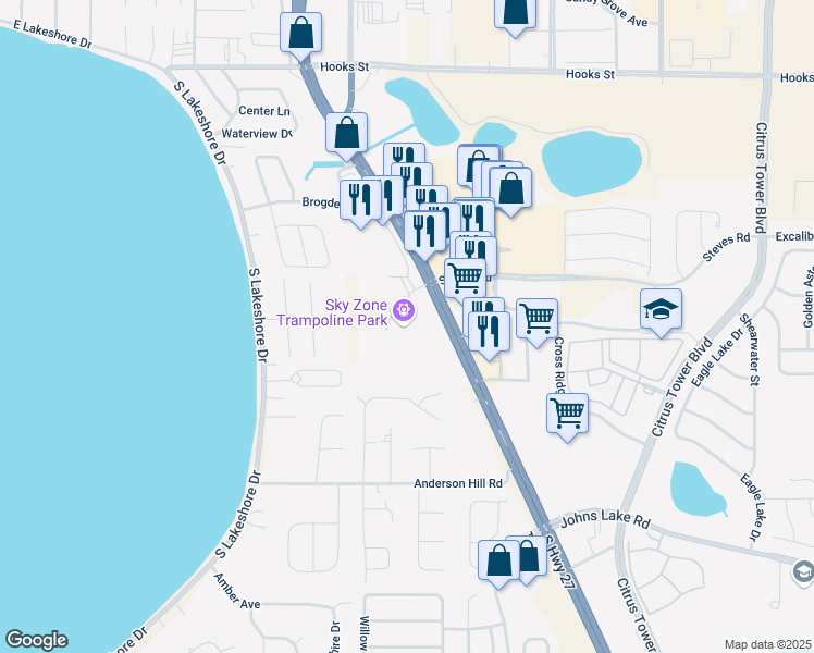 map of restaurants, bars, coffee shops, grocery stores, and more near 2510 South Highway 27 in Clermont