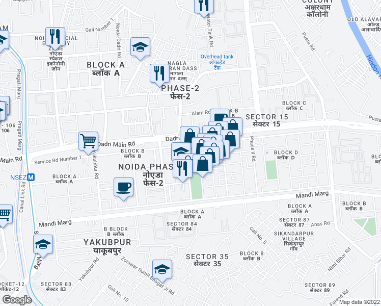 map of restaurants, bars, coffee shops, grocery stores, and more near Hosiery Complex Road in Noida