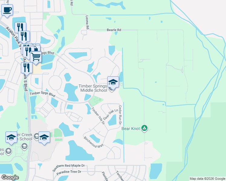 map of restaurants, bars, coffee shops, grocery stores, and more near 16001 Timber Park Lane in Orlando