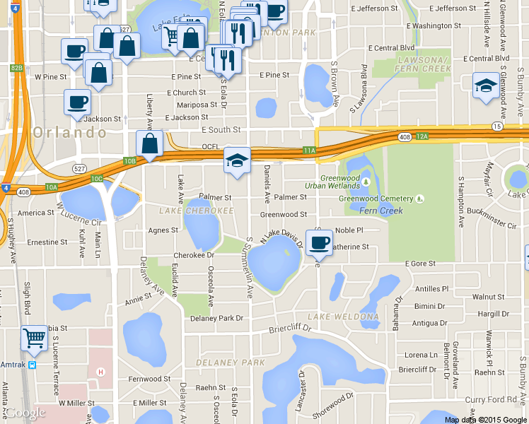 map of restaurants, bars, coffee shops, grocery stores, and more near 716 Palmer Street in Orlando