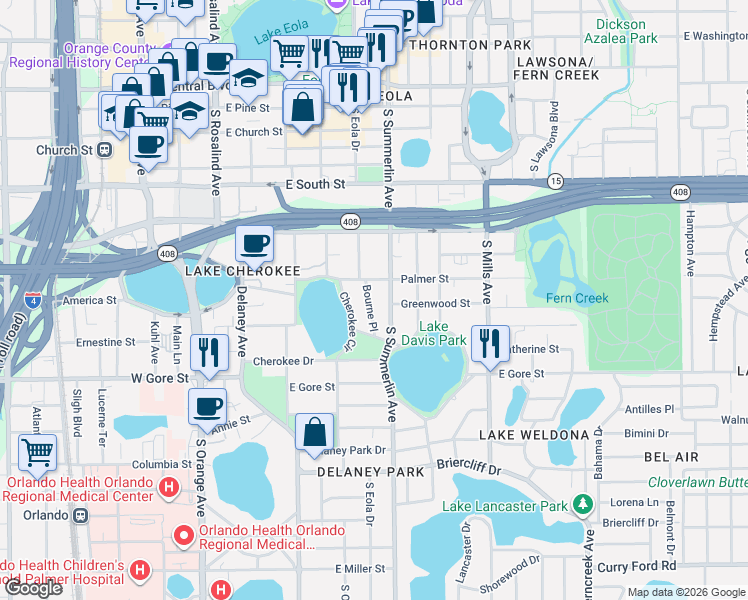 map of restaurants, bars, coffee shops, grocery stores, and more near 610 Palmer Street in Orlando