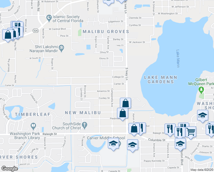 map of restaurants, bars, coffee shops, grocery stores, and more near 4551 Carter Street in Orlando