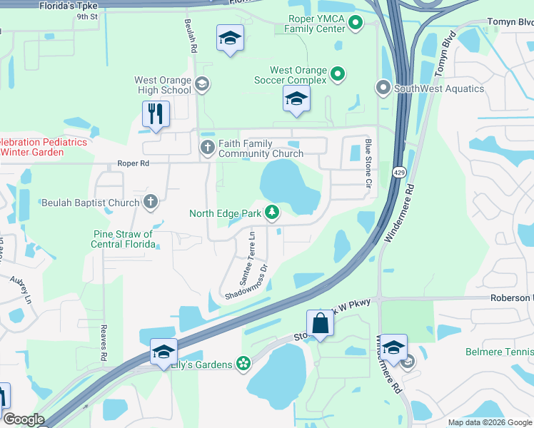 map of restaurants, bars, coffee shops, grocery stores, and more near 612 Lake Beulah Cove in Winter Garden