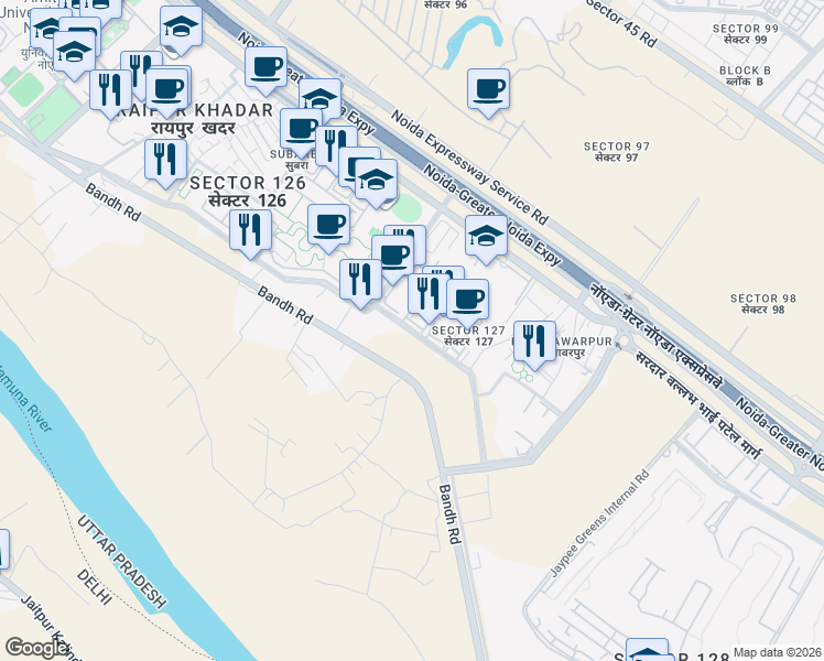 map of restaurants, bars, coffee shops, grocery stores, and more near in Noida