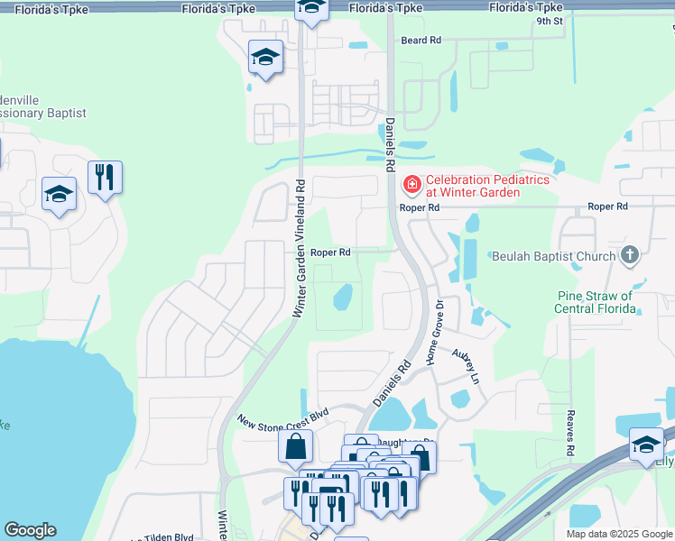 map of restaurants, bars, coffee shops, grocery stores, and more near 545-799 Roper Rd in Winter Garden