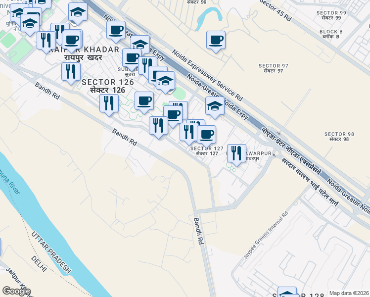 map of restaurants, bars, coffee shops, grocery stores, and more near in Noida