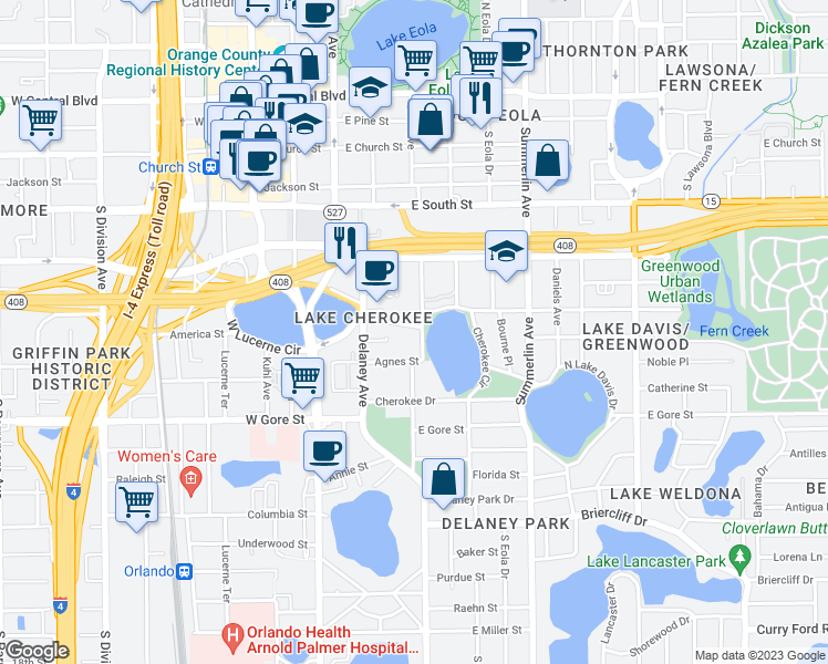map of restaurants, bars, coffee shops, grocery stores, and more near 602 Lake Avenue in Orlando