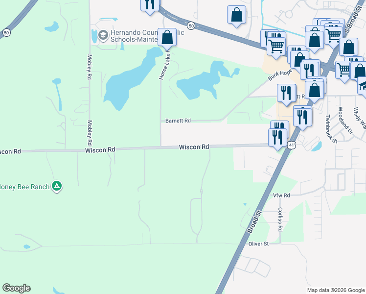 map of restaurants, bars, coffee shops, grocery stores, and more near Wiscon Road in Brooksville