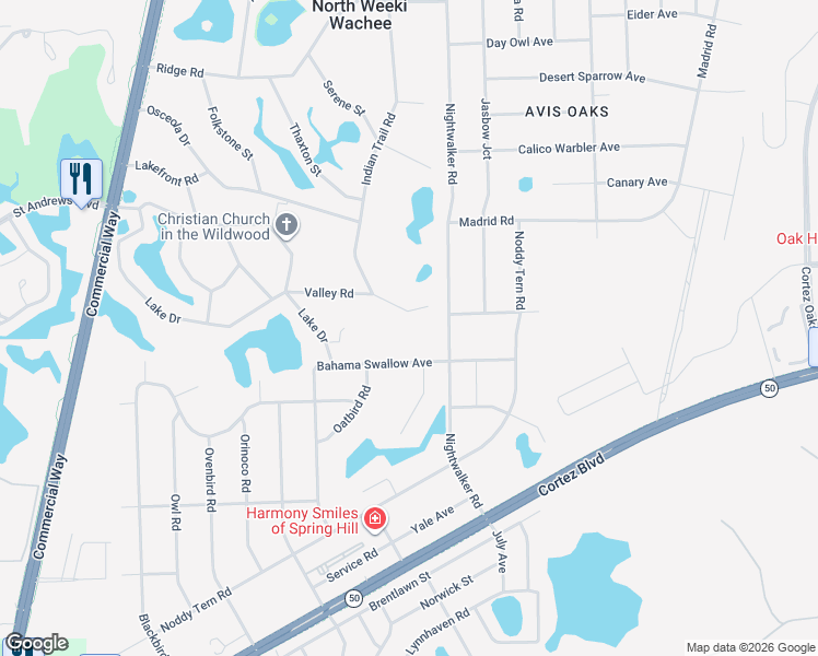 map of restaurants, bars, coffee shops, grocery stores, and more near 7713 Indian Trail Road in Weeki Wachee