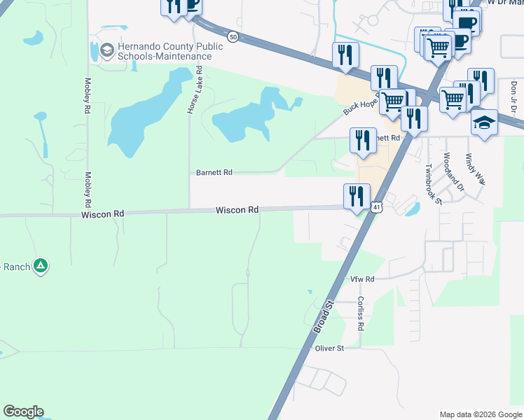 map of restaurants, bars, coffee shops, grocery stores, and more near Wiscon Road in Brooksville