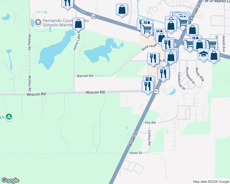 map of restaurants, bars, coffee shops, grocery stores, and more near 19174 Wiscon Road in Brooksville