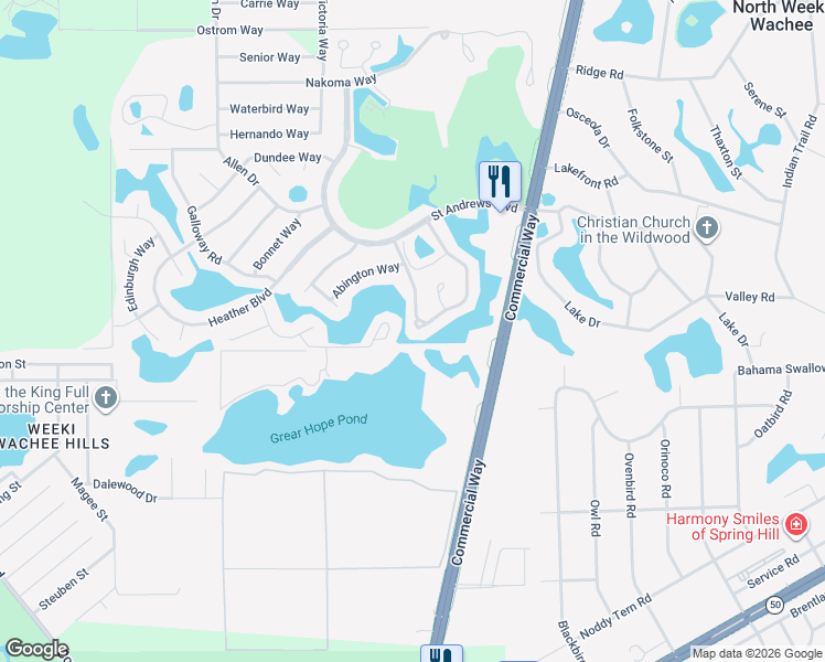 map of restaurants, bars, coffee shops, grocery stores, and more near 7431 Heather Walk Drive in Spring Hill