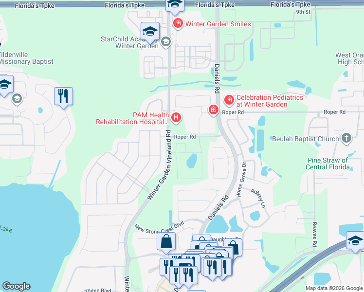 map of restaurants, bars, coffee shops, grocery stores, and more near 545-799 Roper Rd in Winter Garden