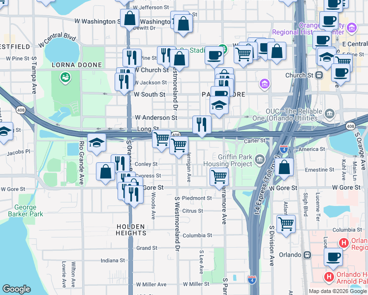 map of restaurants, bars, coffee shops, grocery stores, and more near 920 Carter Street in Orlando