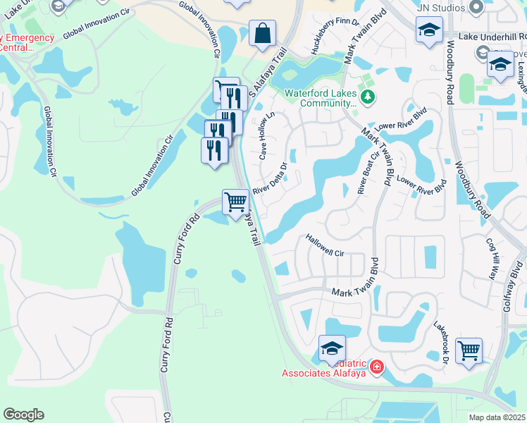 map of restaurants, bars, coffee shops, grocery stores, and more near 12202 Shady Spring Way in Orlando
