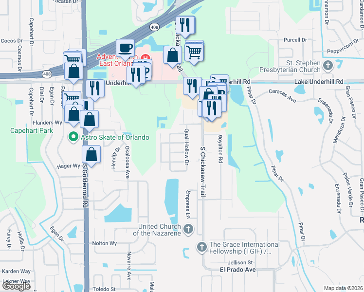 map of restaurants, bars, coffee shops, grocery stores, and more near 8066 Woodduck Drive in Orlando