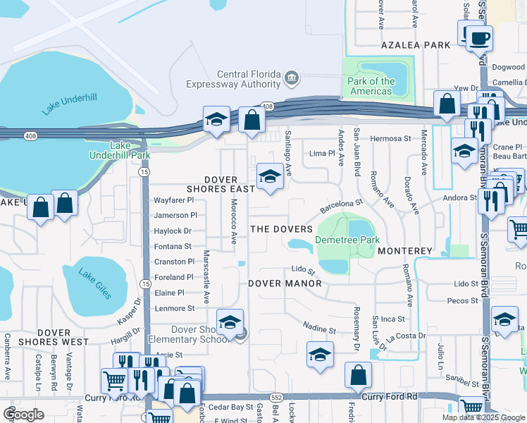 map of restaurants, bars, coffee shops, grocery stores, and more near 4907 Barcelona Street in Orlando