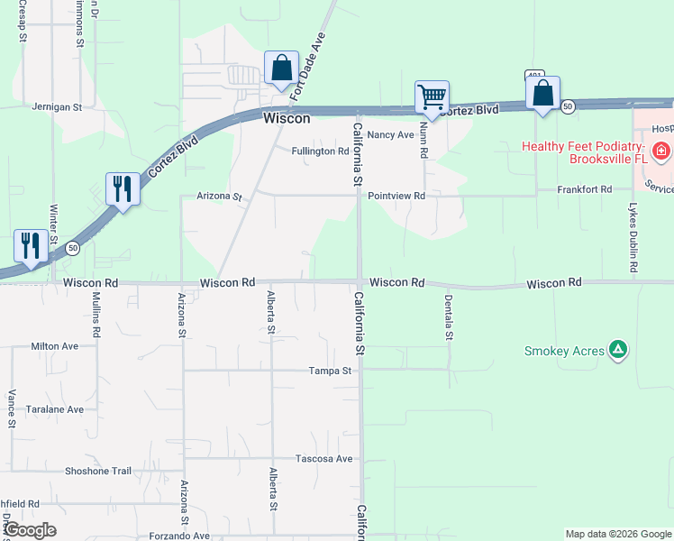 map of restaurants, bars, coffee shops, grocery stores, and more near 7229 California Street in Brooksville
