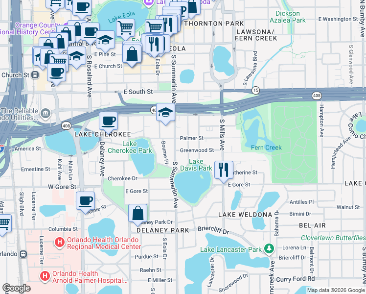 map of restaurants, bars, coffee shops, grocery stores, and more near 716 Palmer Street in Orlando