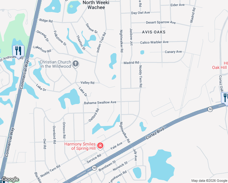 map of restaurants, bars, coffee shops, grocery stores, and more near 7713 Indian Trail Road in Weeki Wachee