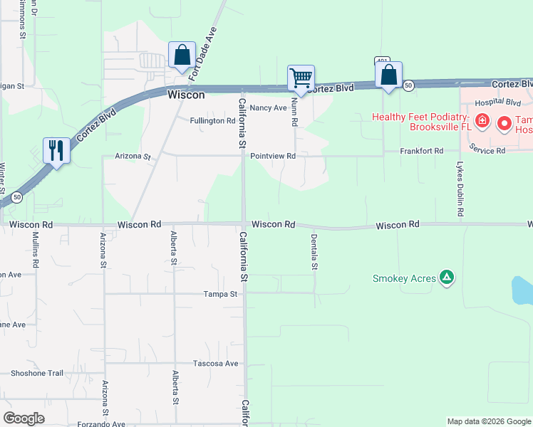 map of restaurants, bars, coffee shops, grocery stores, and more near 16305 Wiscon Road in Brooksville
