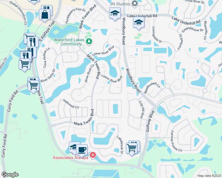 map of restaurants, bars, coffee shops, grocery stores, and more near 12827 Downstream Circle in Orlando